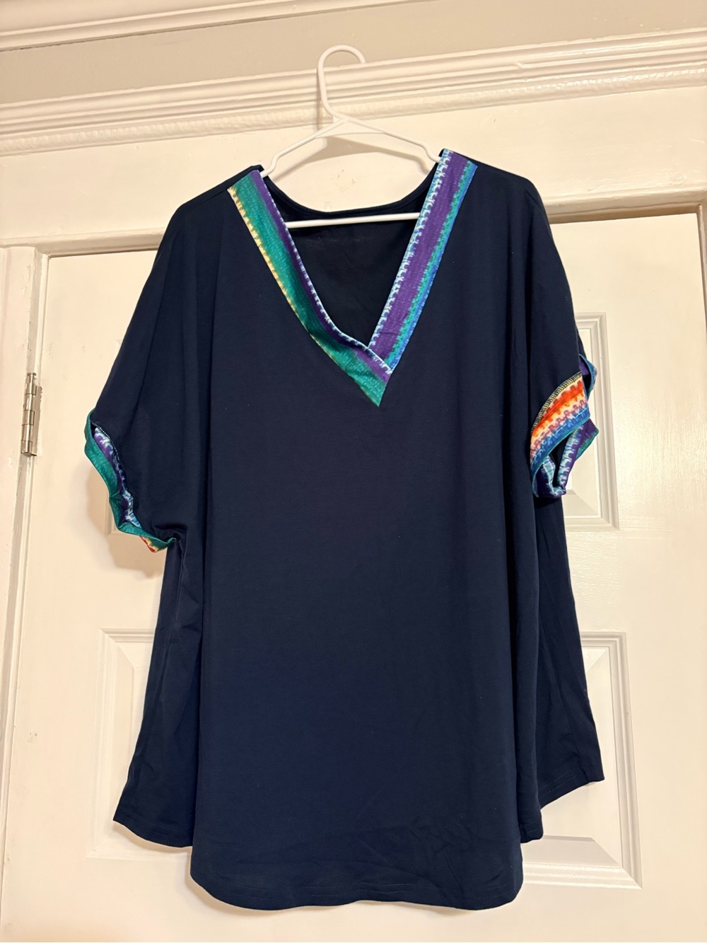 SHEIN Navy V-Neck Top with Rainbow Trim